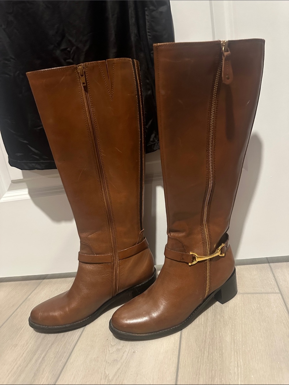 Women's Carvela Comfort Genuine Leather Cognac Riding Boots – Gold Hardware